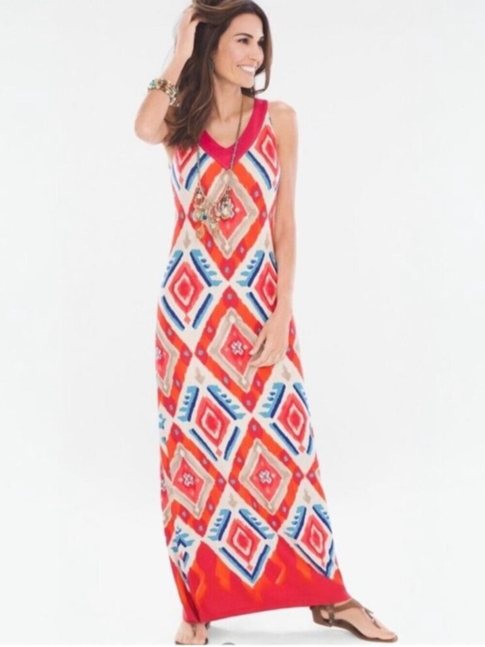 Chico's Medium Maxi Dress Fall 1 Long Boho Dress Ikat Vacation Resort Cruise